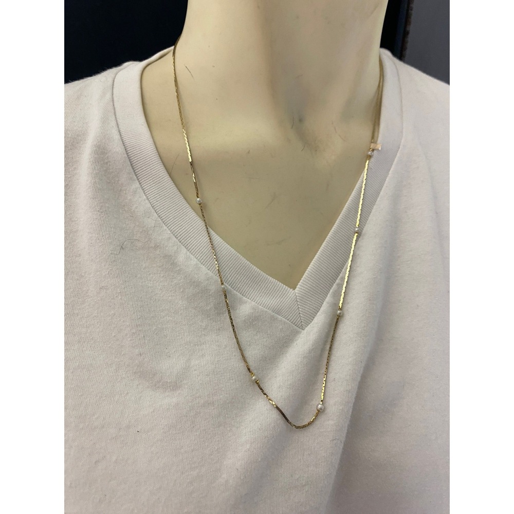Gold TONE Chain Necklace with Small Pearls Dainty Delicate Layering Jewelry